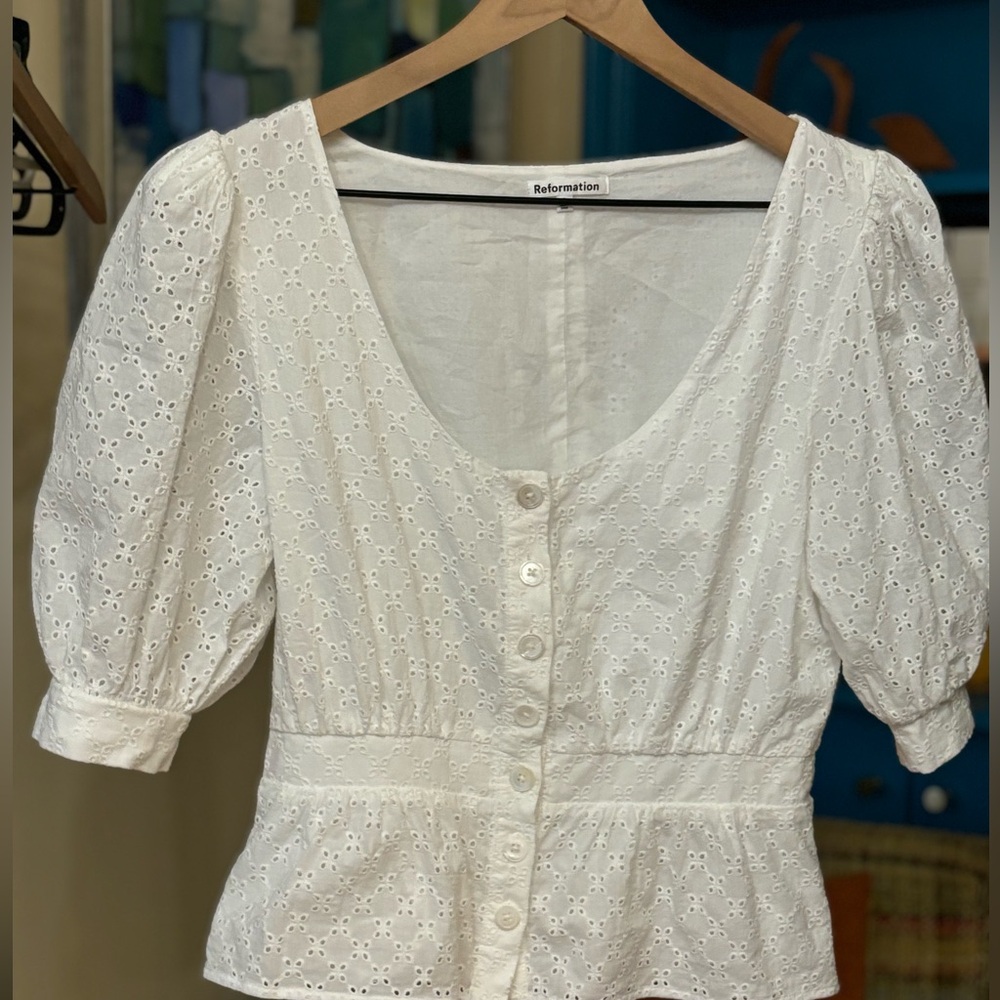 Reformation White Eyelet Button-Up Top